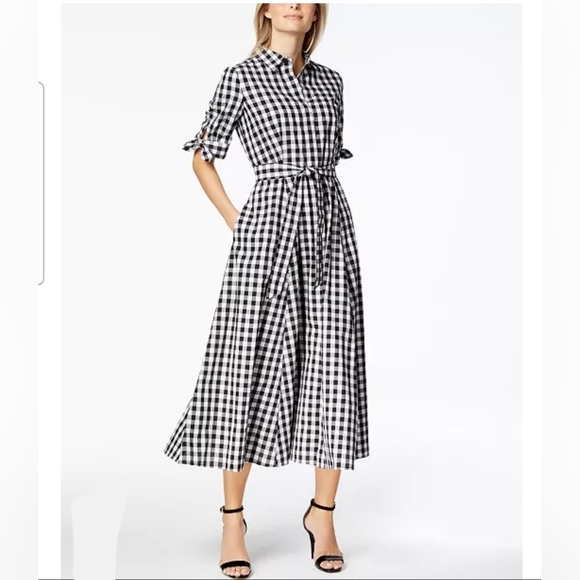 Calvin Klein B&W Gingham Hidden Button Up Fit & Flare Shirtdress Size 6 - Picture 1 of 15